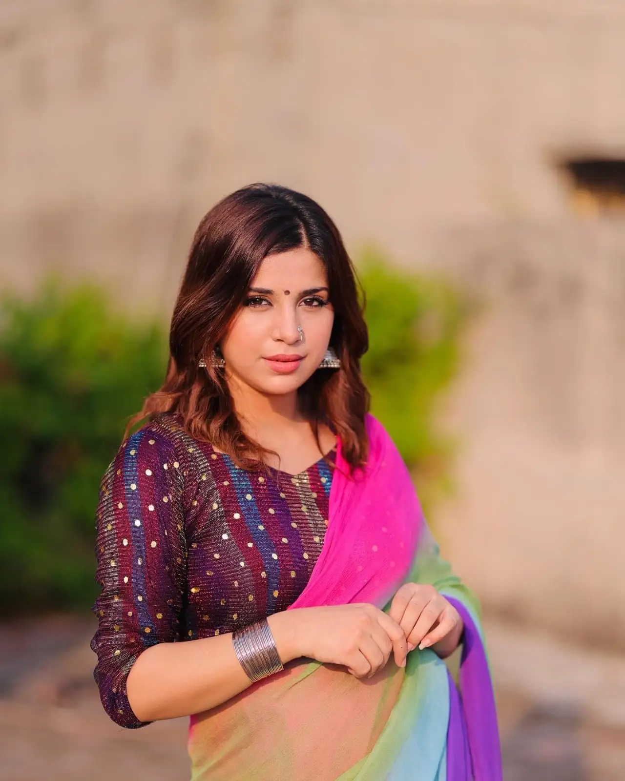Madiha Khan - Chiffon Dyed Saree [ 4 colors]  paired with a fancy blouse