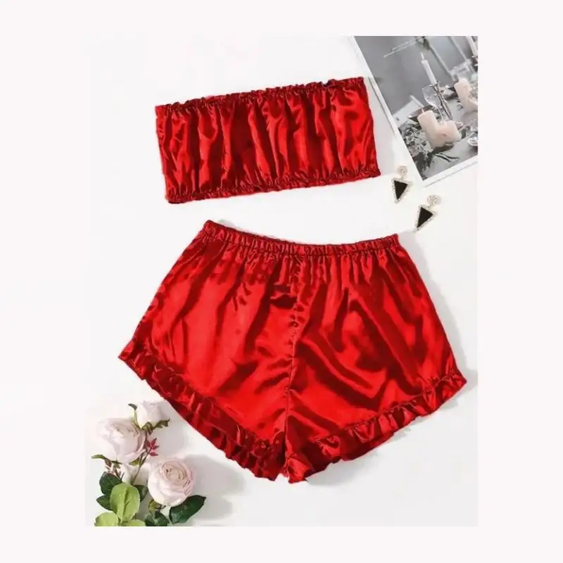 Piece Women Girl Ladies Silk Satin Robe Crop Tops Shorts Sleepwear Babydoll Nightdress - M