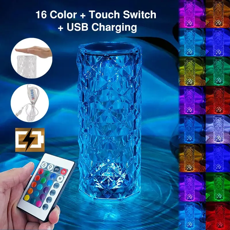 LED Crystal Table Lamp Rose Light Projector, 16 Colors Touch RGB Adjustable Diamond Atmosphere Light USB Touch Night Light