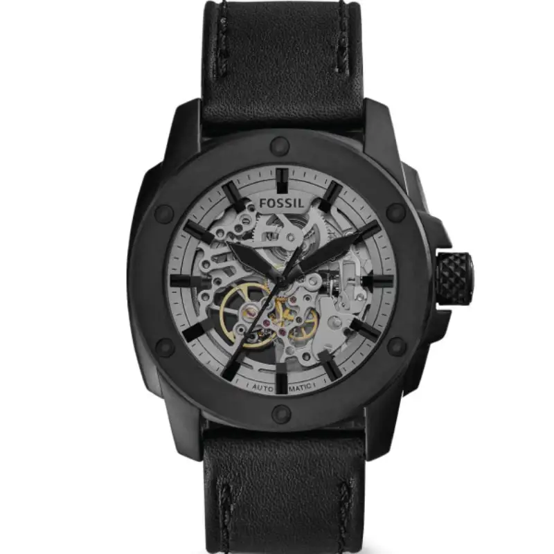 Fossil Modern Machine Black Leather Strap Skeleton Dial Automatic Watch For Gents - ME3134