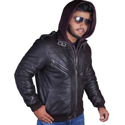 Light Brown Sheepskin Leather Jacket Men for Motorcycle Fashion Bikers with Removable Hood