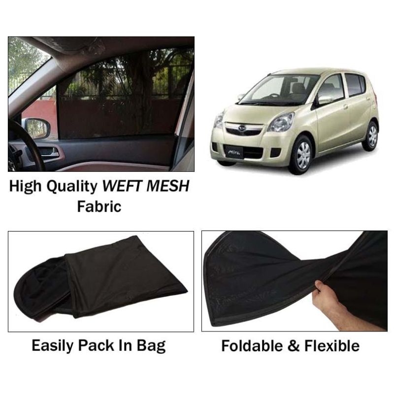 Daihatsu Mira 2013 - 2017 Sun Shades | Foldable | Mesh Fabric | Flexible Rods | Dark Black | Packed In Bag