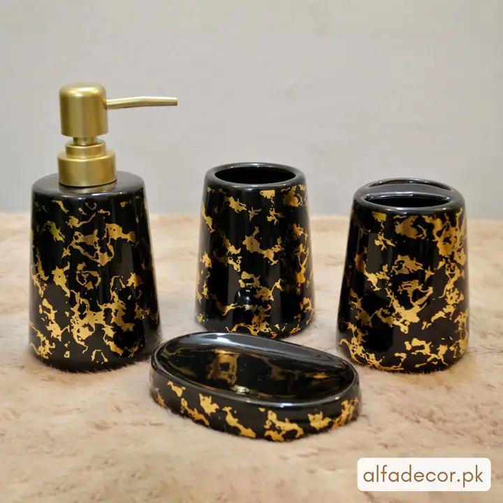 4 Pcs Ceramic Gilded Black Bathroom Accessories Set with Soap Dispenser, Toothbrush Holder, Cup & Dish.