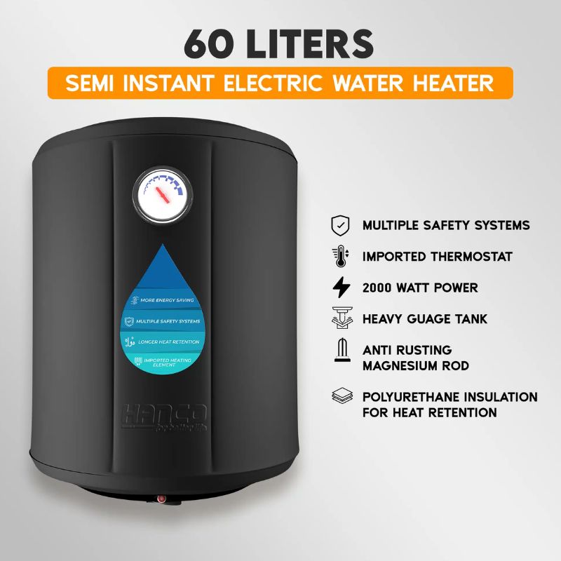 Hanco HEG-60L Semi Instant Electric Water Heater – 60 Litres – Smart Electric Geyser With Official Warranty