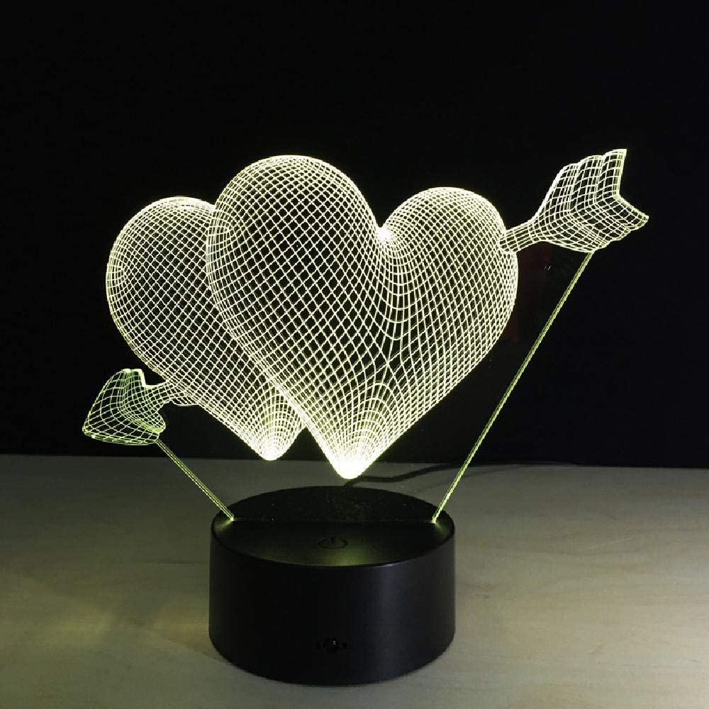 Romantic Love Cupid Arrow Through Double Heart 3D LED Illusion Lamp Bedside Table Lamp