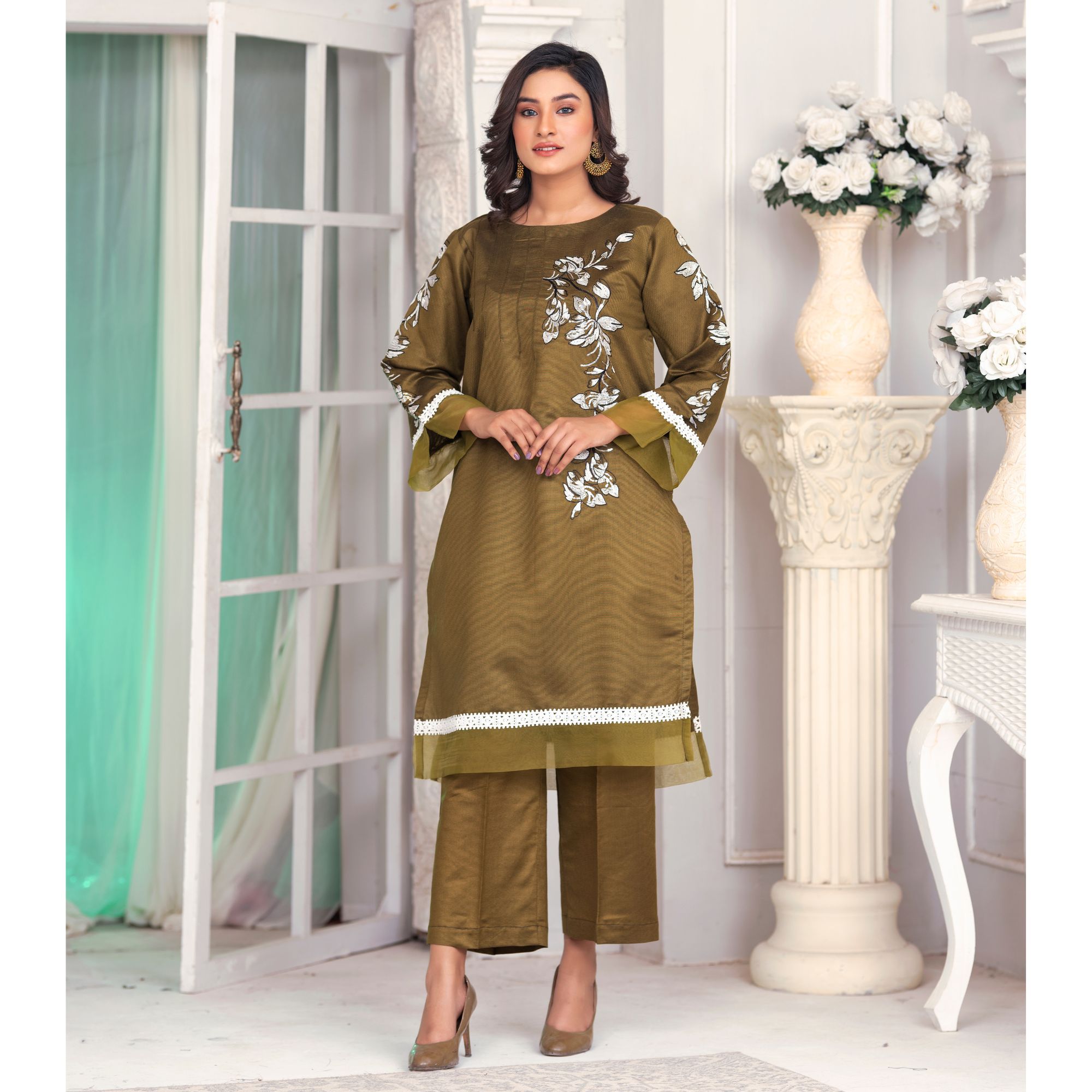 Bint Al Bilaad Embroidered Suit Ready to Wear Embroidered Khadi Viscose fabric Shirt Trouser (2 PIECE) #BB-012