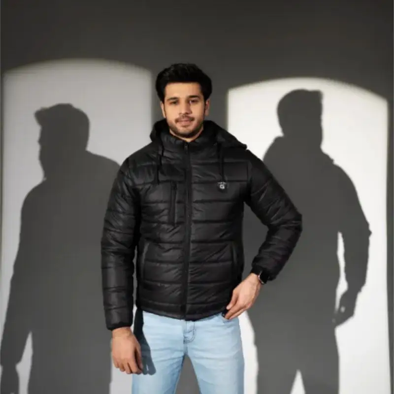 Black Full Sleeve Removable Hood Puffer Jacket