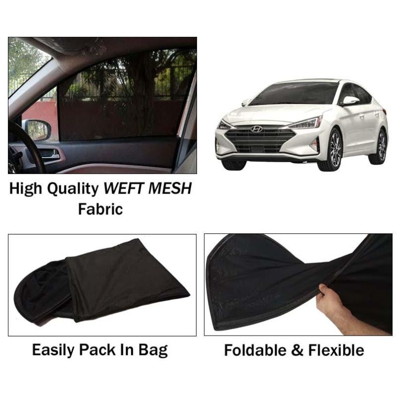 Hyundai Elantra Sun Shades | Foldable | Mesh Fabric | Flexible Rods | Dark Black | Packed In Bag