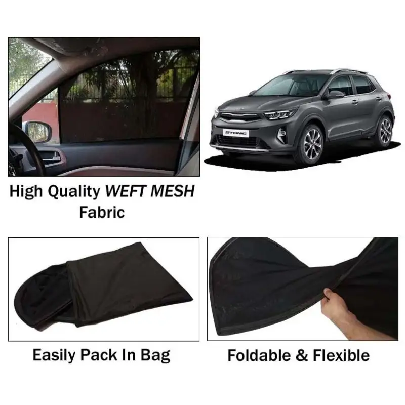 Kia Stonic Sun Shades | Foldable | Mesh Fabric | Flexible Rods | Dark Black | Packed In Bag