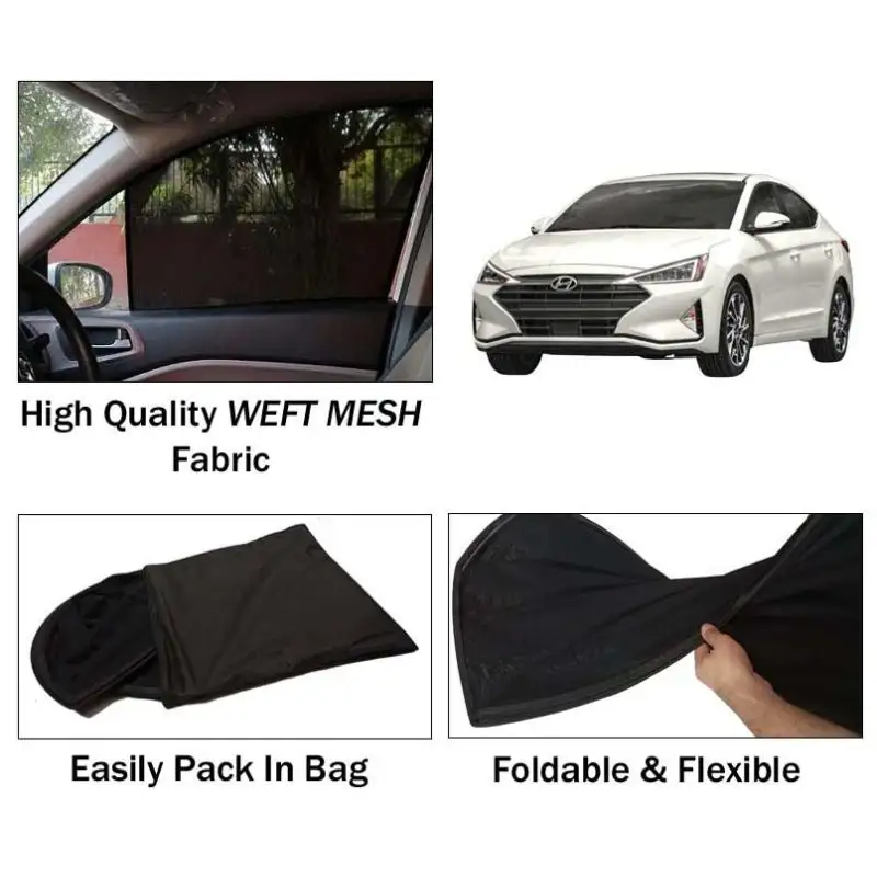 Hyundai Elantra Sun Shades | Foldable | Mesh Fabric | Flexible Rods | Dark Black | Packed In Bag