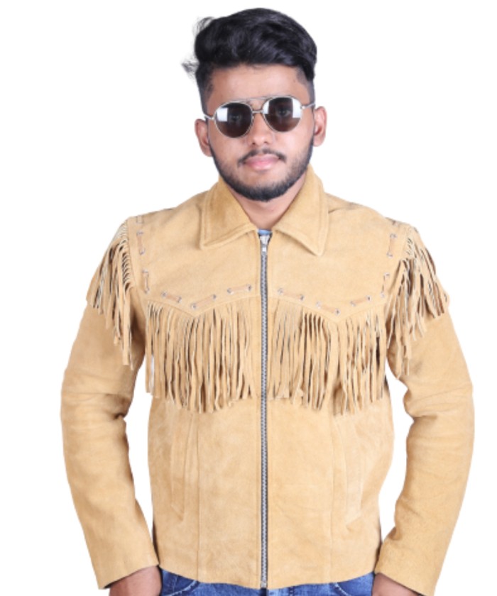Real Cowhide Suede Brown Leather Western Jackets with Fringe for Men (Medium Size)