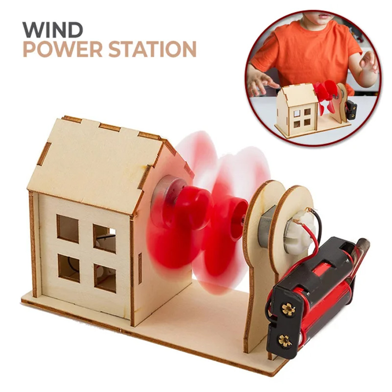 DIY Wooden Wind Power Station Turbine House STEM Assemble Series Kit - Size Approx. 5 inch - Multicolor
