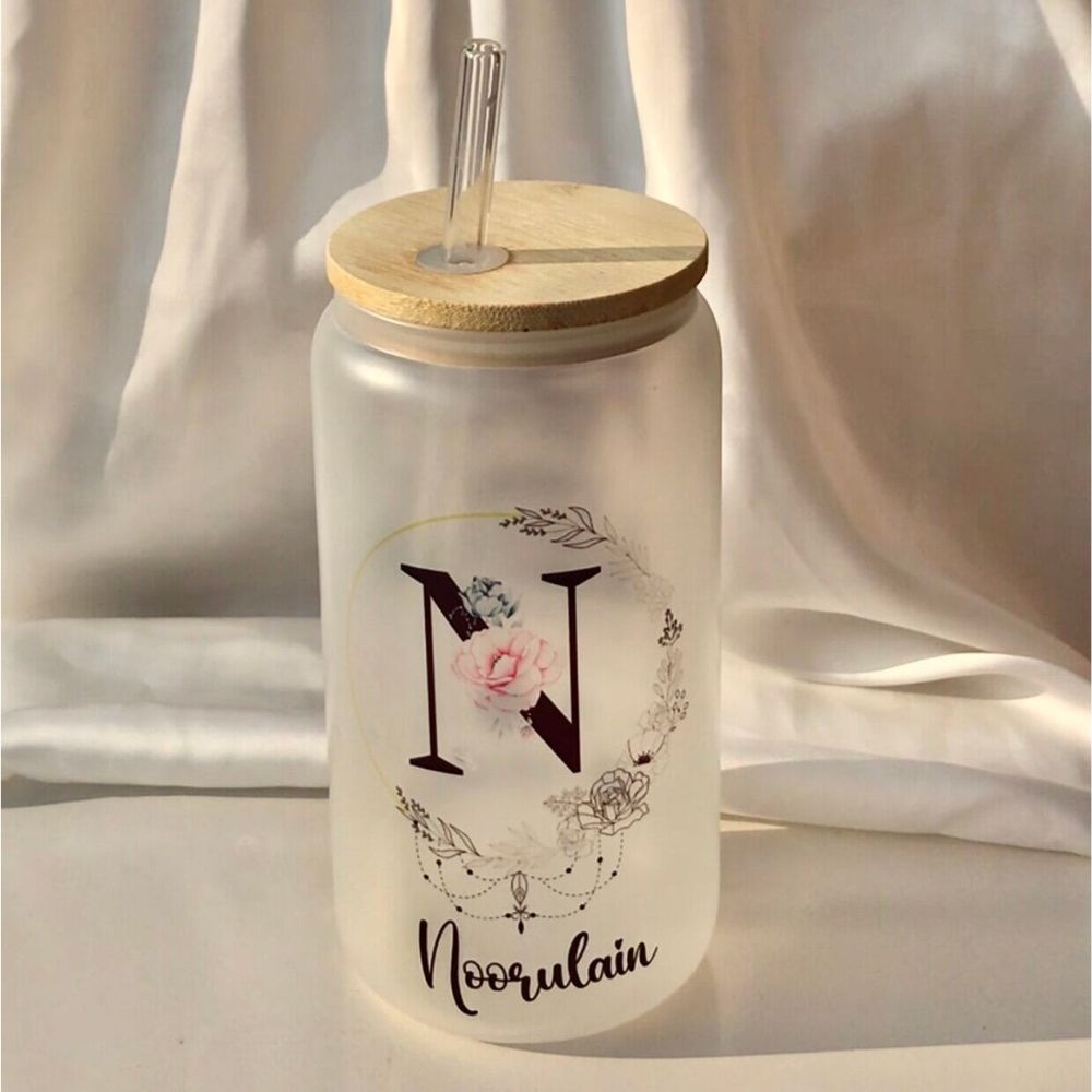 Botella Flaske Customized Printed Frosted Glass Can with Lid and Glass Straw