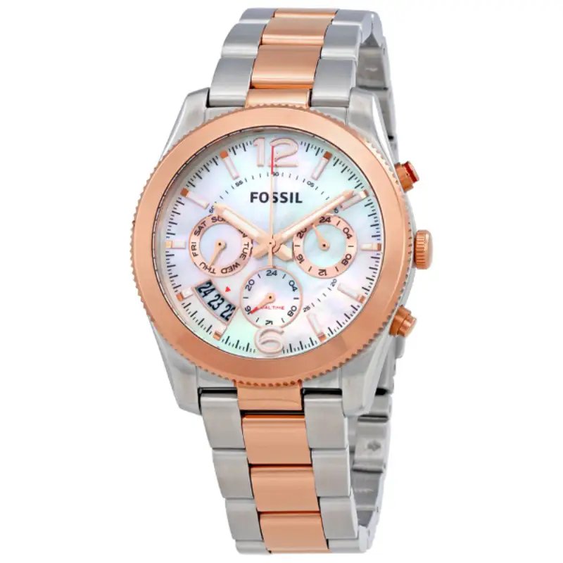Fossil Perfect Boyfriend Two-Tone Stainless Steel White Mother of Pearl Dial Chronograph Quartz Watch for Ladies – ES4135