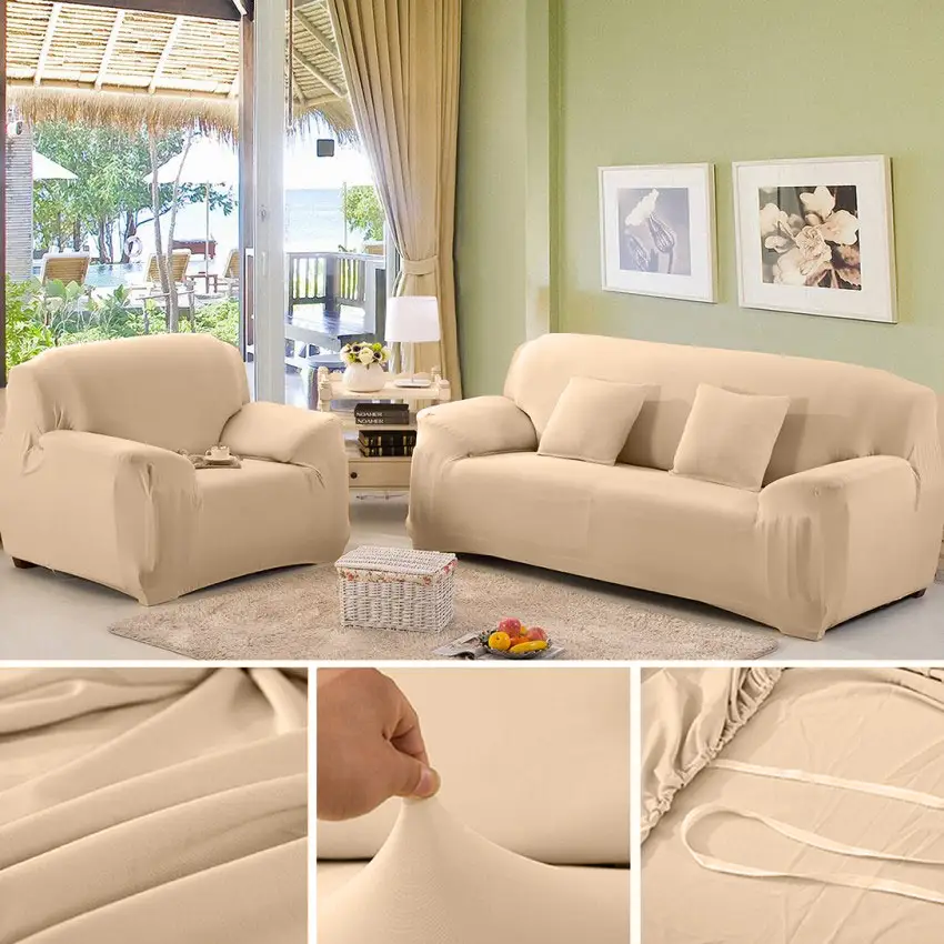 Sand beige Sofa Cover 7 Seater (3+2+1+1) | Stretchable 7 Seater Sofa Covers Set | Elastic Fitted Solid Color Jersey Cover Jumbo Size | Comfortable Couch Cover | Narmo Gudaz