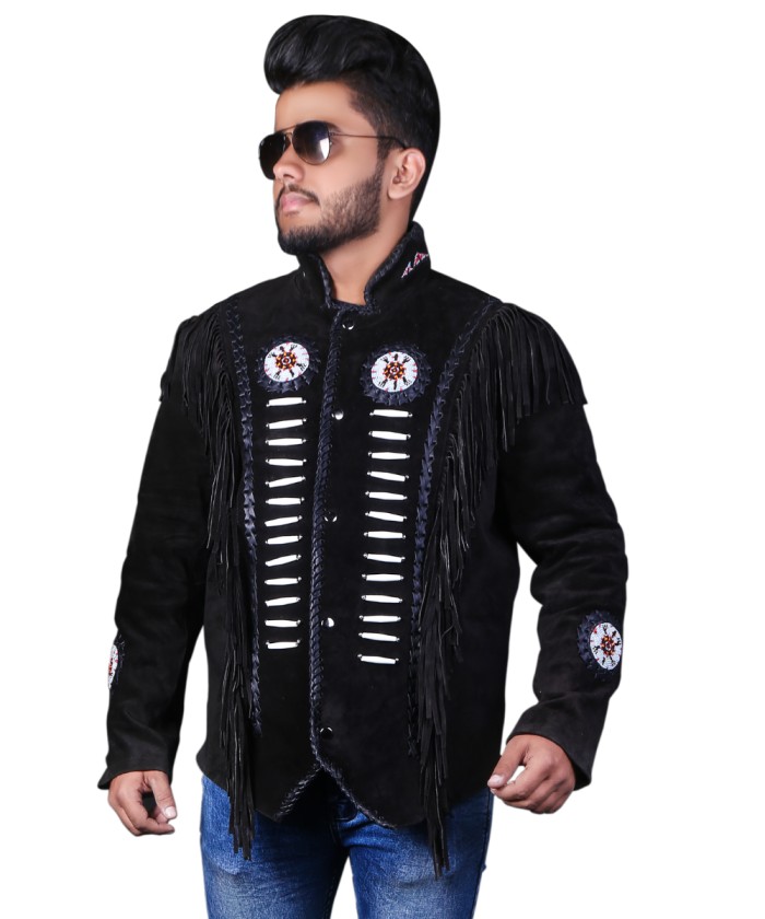 Fringed and Beaded Winter Black Suede Leather Jacket Men - Native American Western Style Coat
