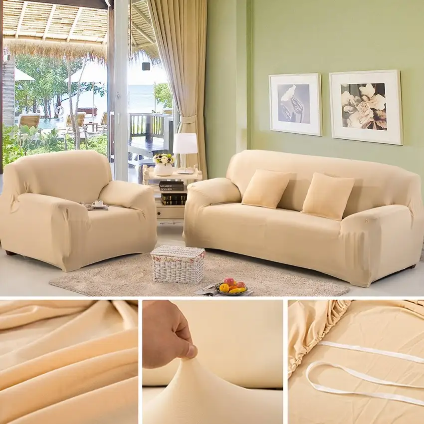 Camel Sofa Cover 6 Seater (3+2+1)  Stretchable 6 Seater Sofa Covers Set | Elastic Fitted Solid Color Jersey Cover Jumbo Size | Comfortable Couch Cover | Narmo Gudaz