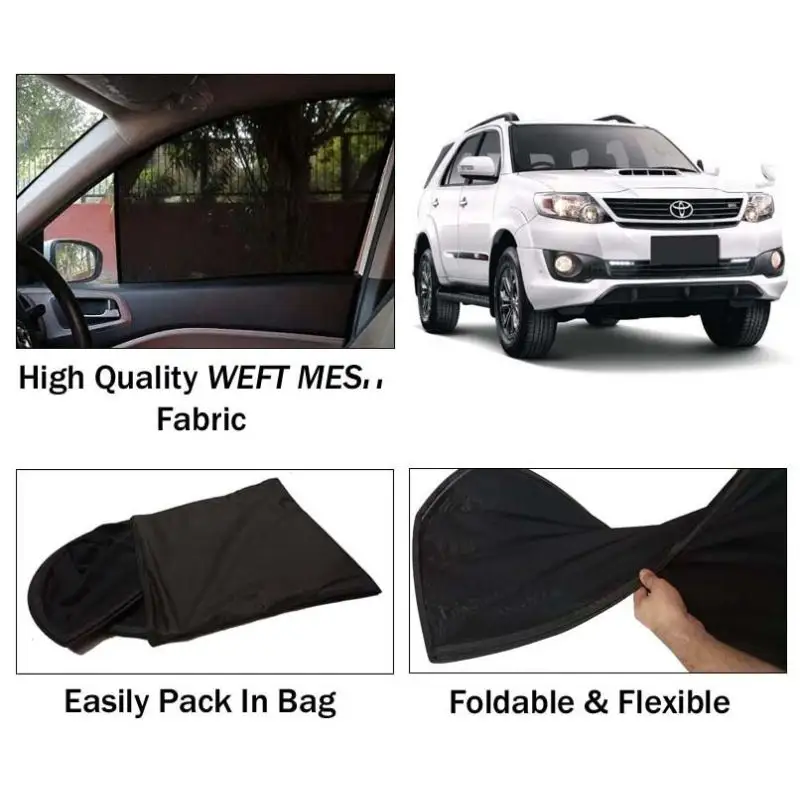 Toyota Fortuner 2013 - 2016 Sun Shades | Foldable | Mesh Fabric | Flexible Rods | Dark Black | Packed In Bag