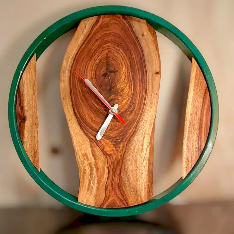 WoodPeckers  sheesham wood log Clock (Green, Red, Yellow)