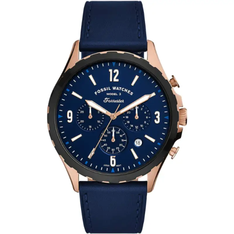 Fossil Forrester Blue Leather Strap Blue Dial Chronograph Quartz Watch for Gents – FS5814