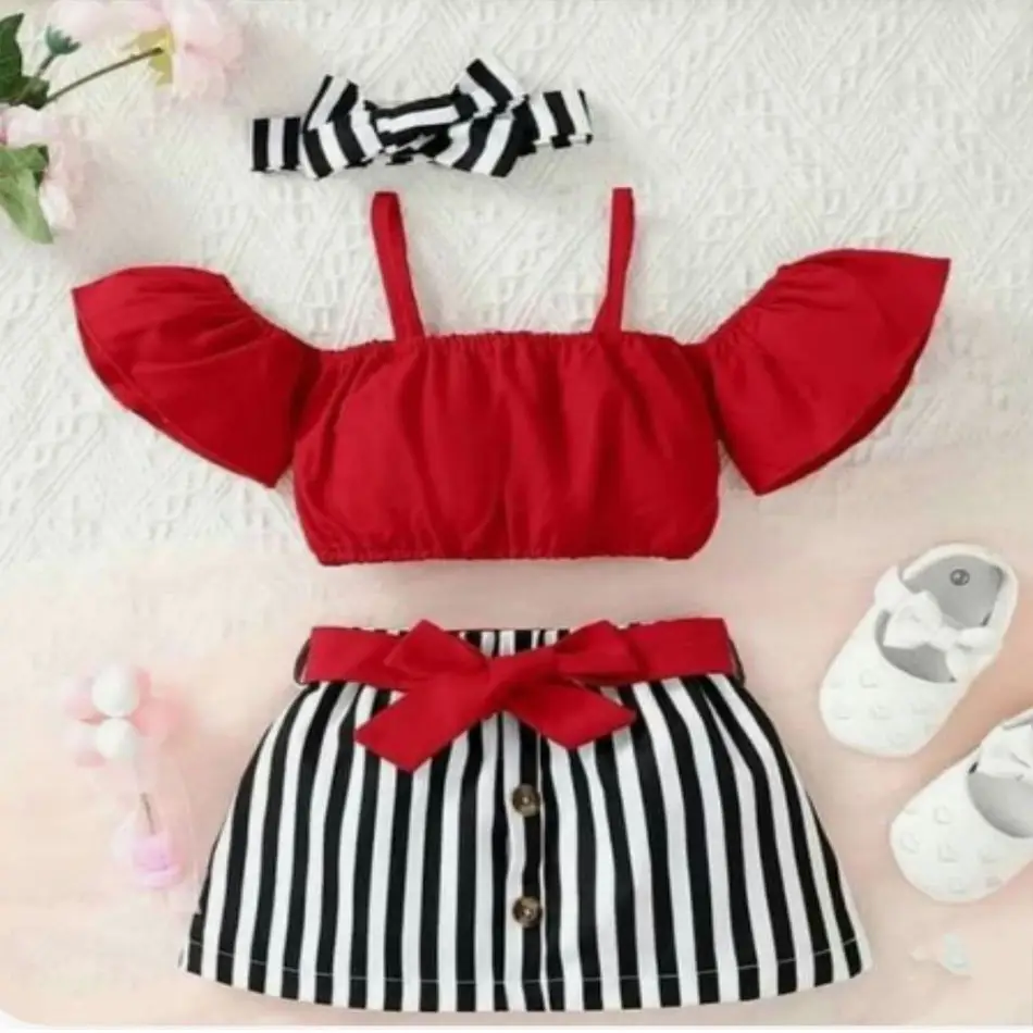 2Pcs Kid Girl Cold Shoulder plain lines Belted Stripe Shorts Set summer's