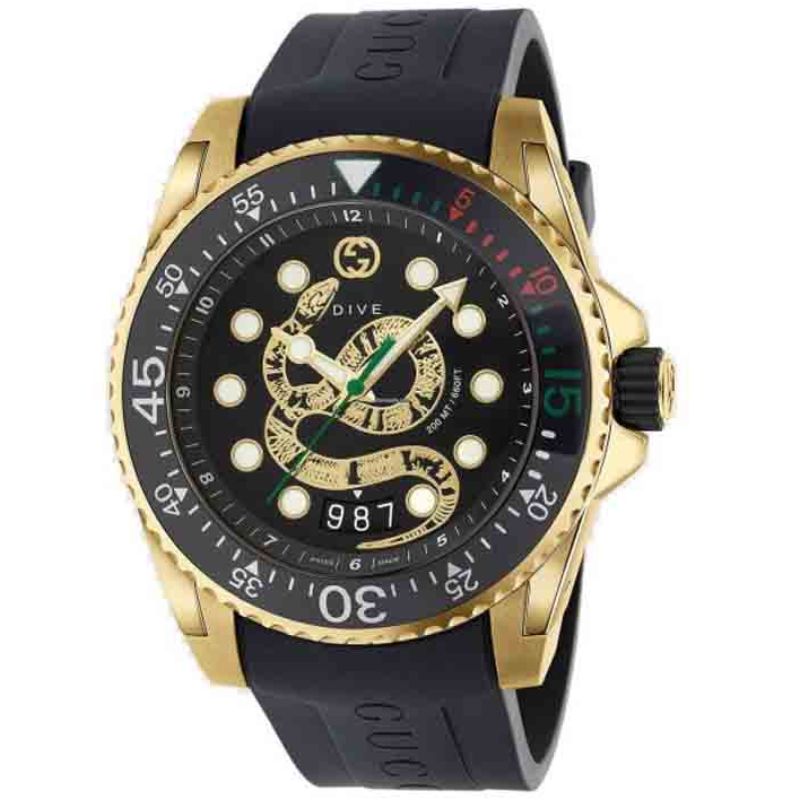 Gucci YA136219 Men's 45mm Swiss Quartz Watch Black Dial Black Silicone Strap With Official Warranty